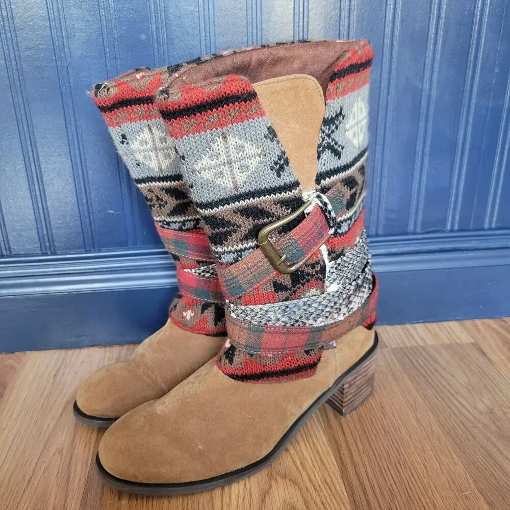 MUK LUKS Nikki Boots Size 7 Suede Winter Slouch Multi-Color Nordic Knit